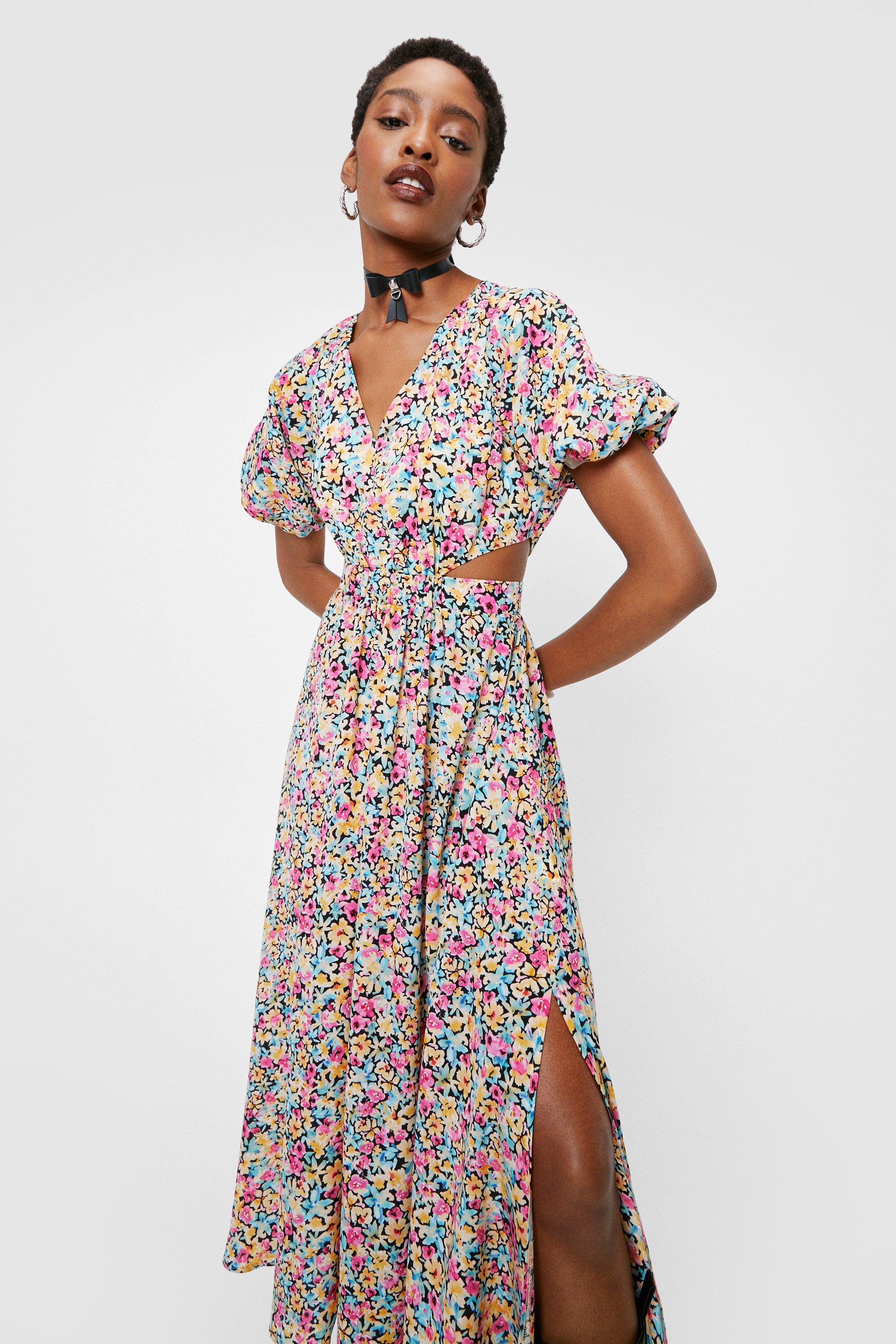 V Neck Puff Sleeve Floral Midi Dress